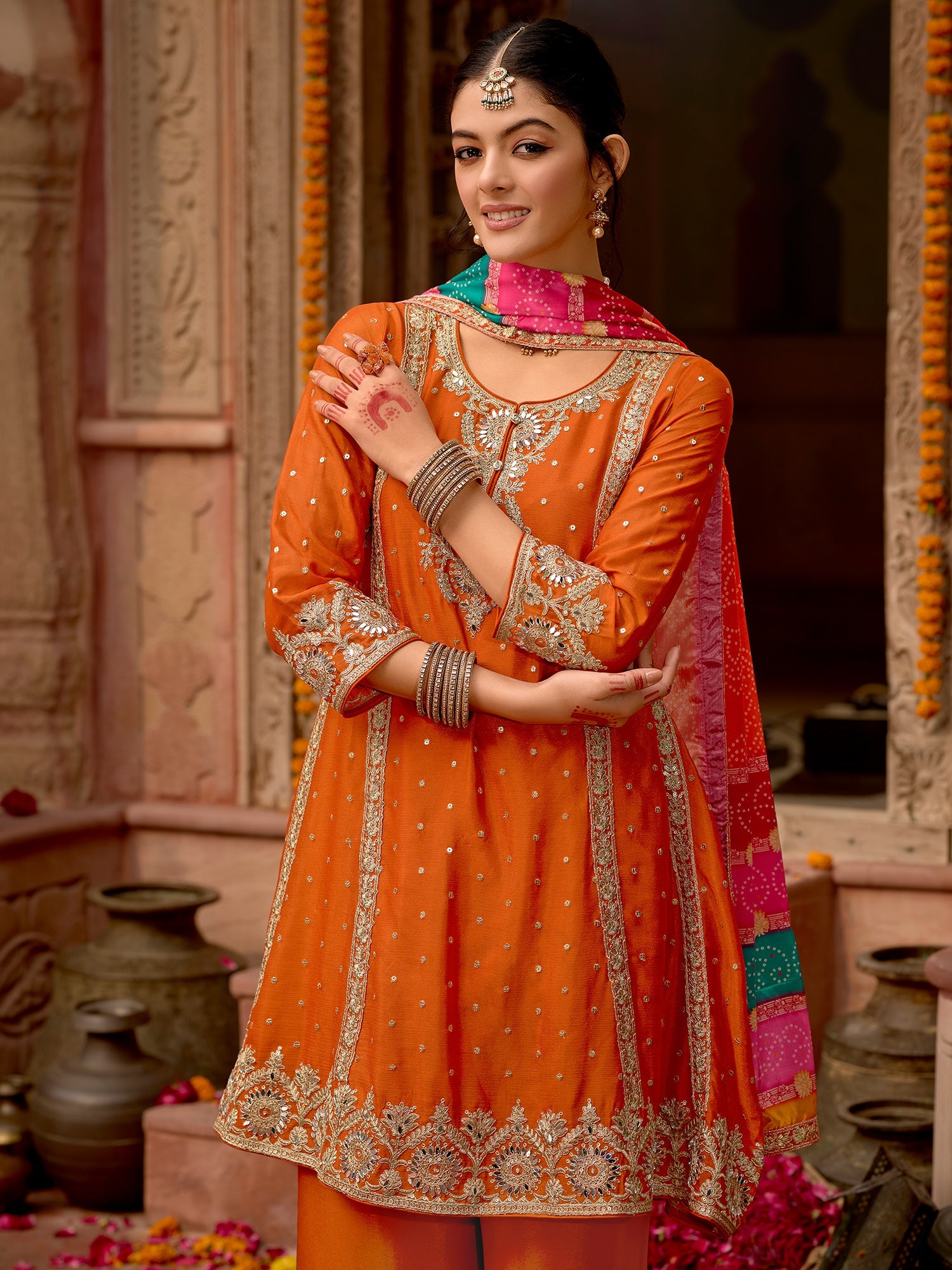 indo era, suit, kurta set for women, indo era kurta, kurta sets for ladies, summer dresses for women, 3 piece suit, cotton kurta set for women, new arrivals, women kurti plazo set, women in suit, kurta suit, floral kurta, short suit, spring summer, Orange suit