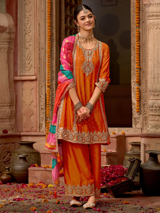 Indo Era Orange Embroidered A-Line Kurta Palazzos With Dupatta