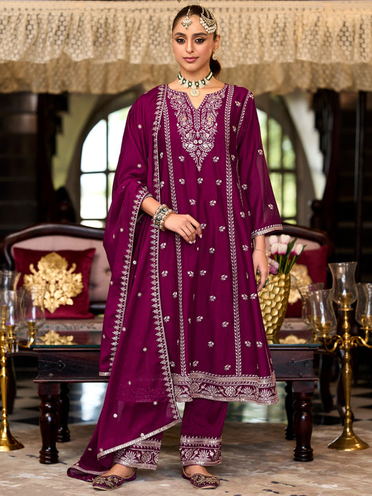 Burgundy Embroidered Anarkali Kurta Trousers With Dupatta