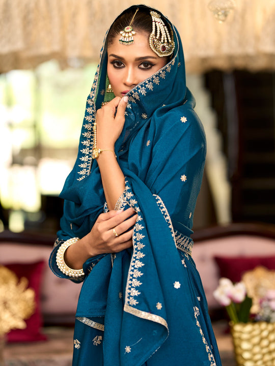 Teal Embroidered Anarkali Kurta Trousers With Dupatta Set