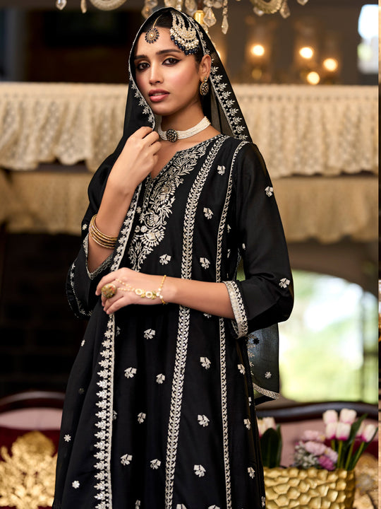 Black Embroidered Anarkali Kurta Trousers With Dupatta Set