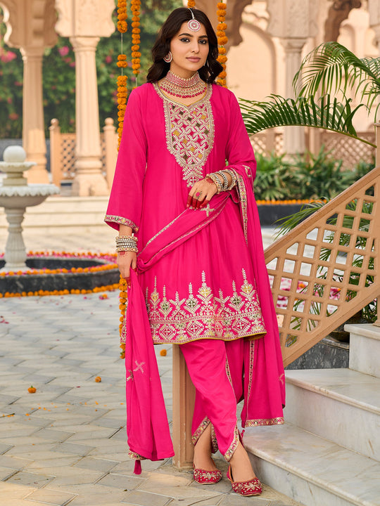 Indo Era Pink Embroidered Anarkali Kurta Dhoti Pants With Dupatta
