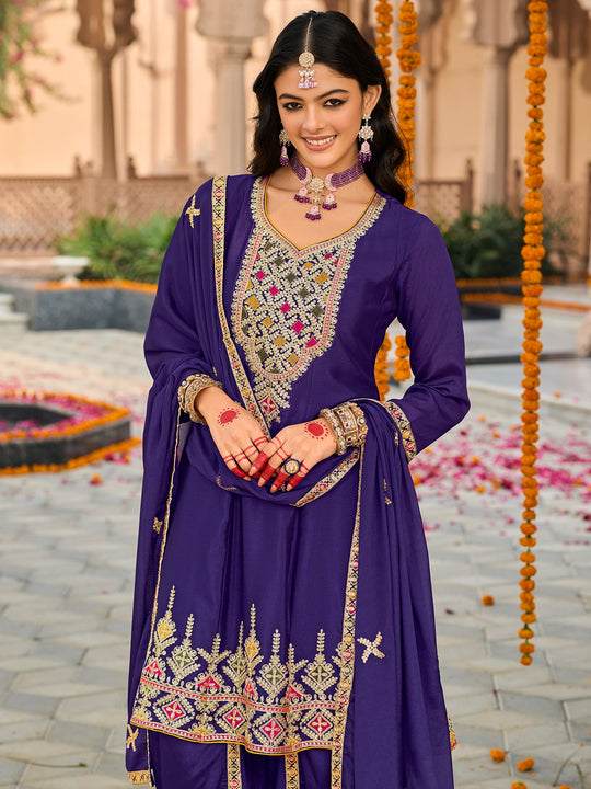 Indo Era Purple Embroidered Anarkali Kurta Dhoti Pants With Dupatta