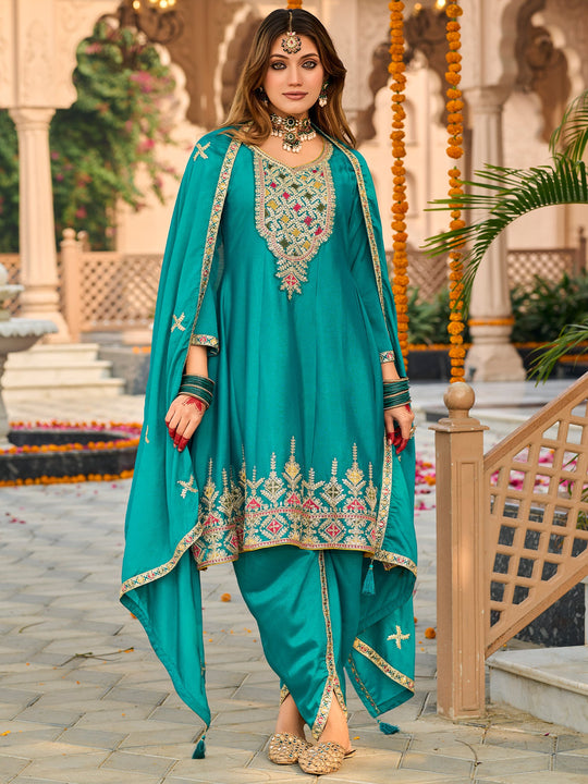 Indo Era Sea Green Embroidered Anarkali Kurta Dhoti Pants With Dupatta