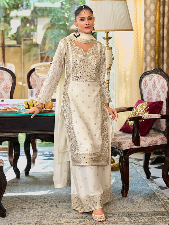 Indo Era White Embroidered Straight Kurta Palazzos With Dupatta