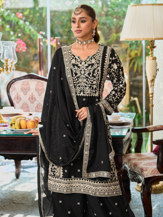 Indo Era Black Embroidered Straight Kurta Palazzos With Dupatta Set