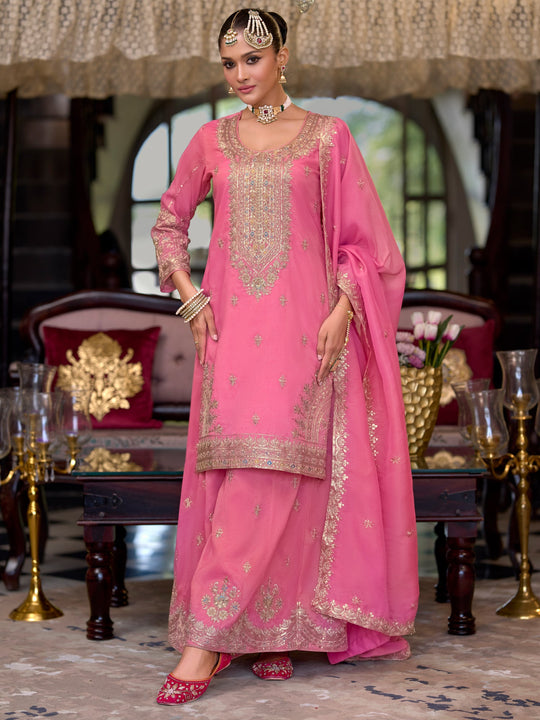 Pink Embroidered Straight Kurta Palazzos With Dupatta set