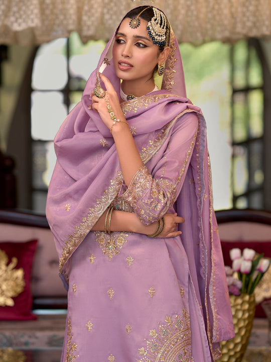 Lavender Embroidered Straight Kurta Palazzos With Dupatta