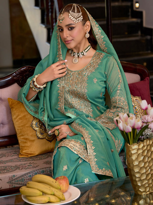Sea Green Embroidered Straight Kurta Palazzos With Dupatta