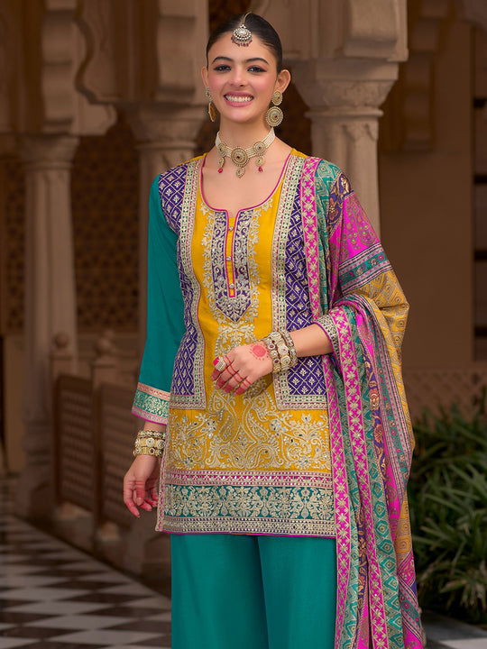 Indo Era Multi Embroidered Straight Kurta Palazzos With Dupatta