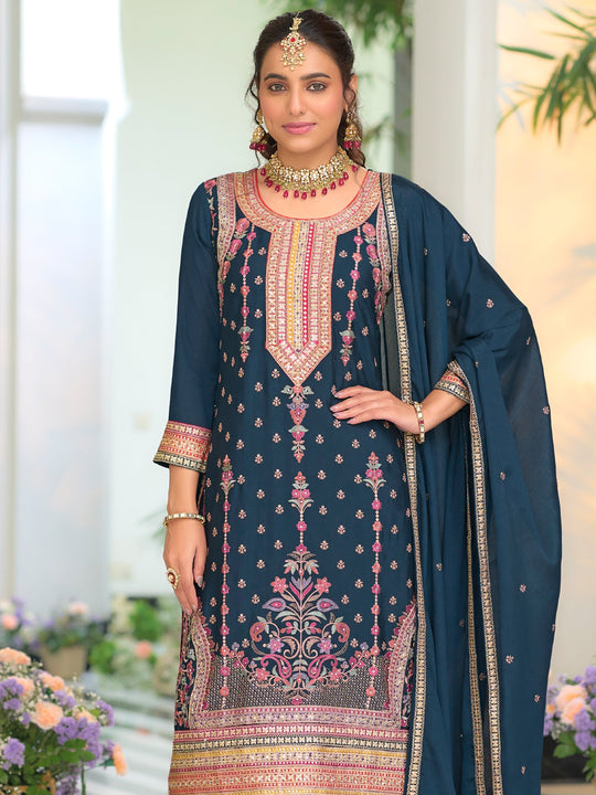 Teal Embroidered Straight Kurta Palazzos With Dupatta