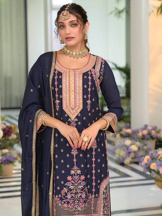 Indo Era Navy Blue Embroidered Straight Kurta Palazzos With Dupatta set