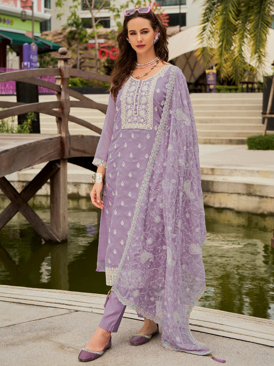 Lavender Embroidered Straight Kurta Trousers With Dupatta