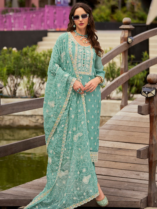 Sea Green Embroidered Straight Kurta Trousers With Dupatta