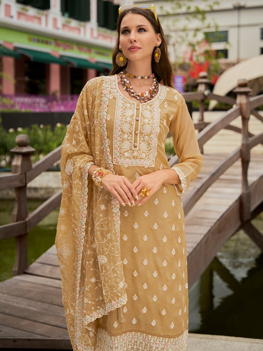 Cream Embroidered Straight Kurta Trousers With Dupatta set