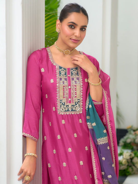 Pink Embroidered Straight Kurta Trousers With Dupatta