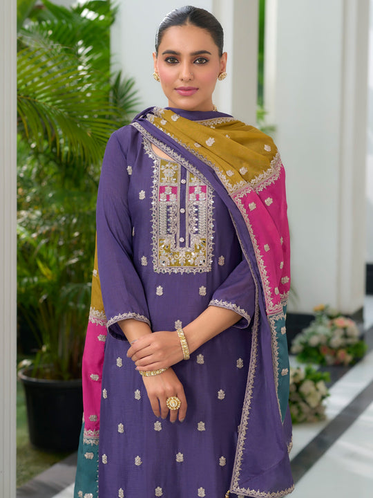 Purple Embroidered Straight Kurta Trousers With Dupatta