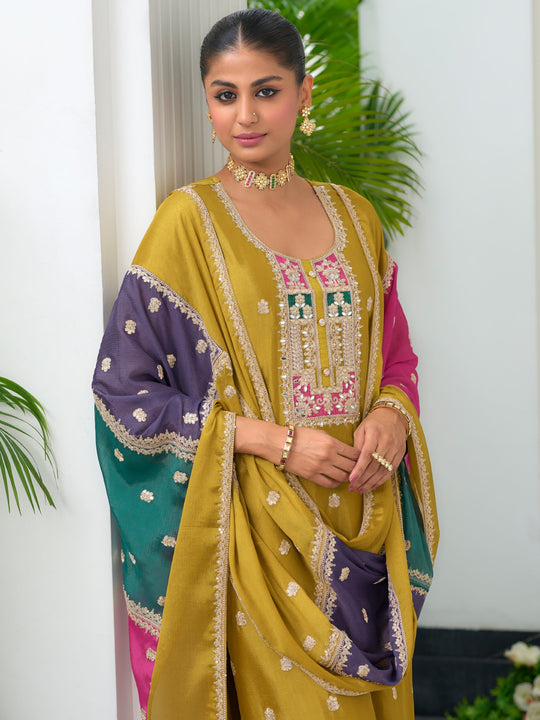 Mustard Embroidered Straight Kurta Trousers With Dupatta