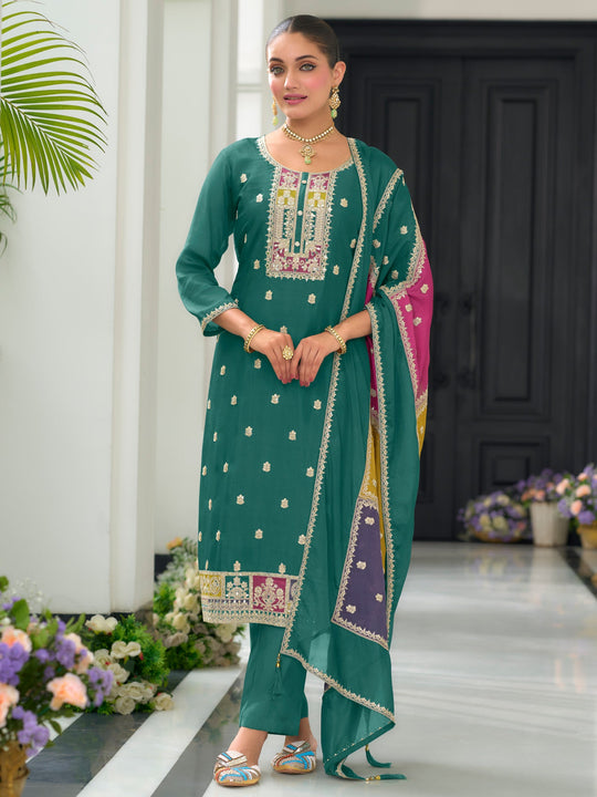 Teal Embroidered Straight Kurta Pant With Dupatta