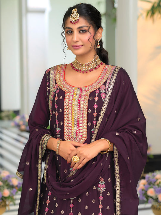 Burgundy Embroidered Straight Kurta Palazzo With Dupatta