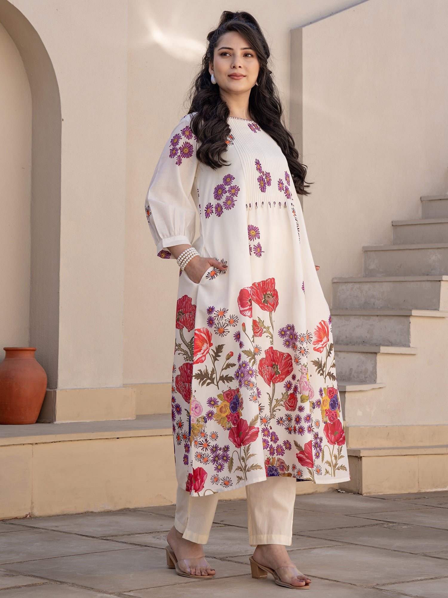 Off White Printed A Line Kurta Trouser set