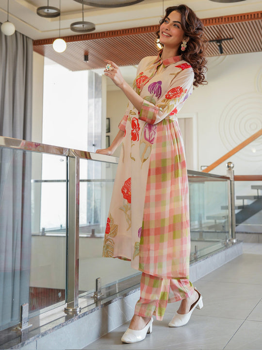 Beige Printed A Line Kurta Trouser set