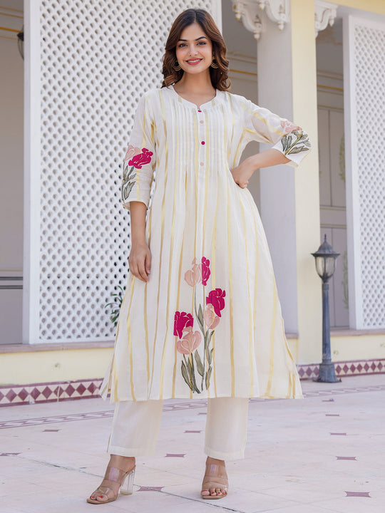 White Printed A Line Kurta Trouser set