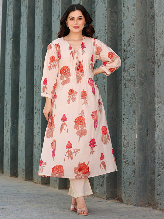 Off White Printed A Line Kurta Trouser set