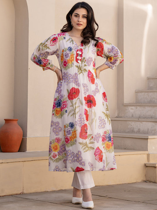 White Printed A Line Kurta Trouser set