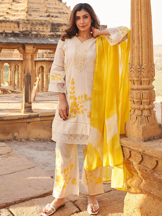 Off White Embroidered Pure Cotton A-Line Kurta Set With Dupatta