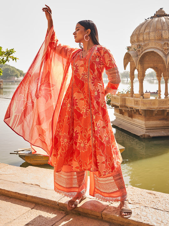 Rust Embroidered A-Line Pure Cotton Kurta Set With Dupatta