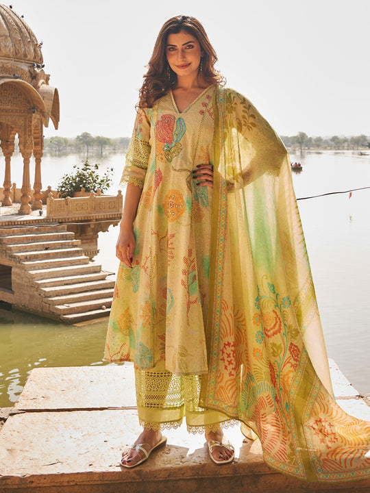 Green Embroidered A-Line pure Cotton Kurta Set With Dupatta