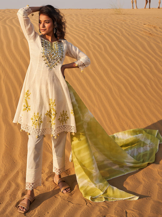 Off White Embroidered A-Line Kurta Set With Dupatta