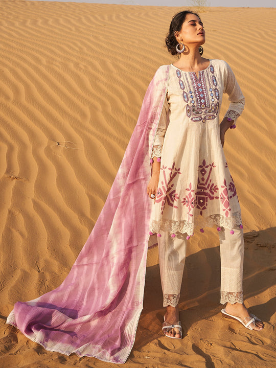 Off White Embroidered Pure Cotton A-Line Kurta Set With Dupatta