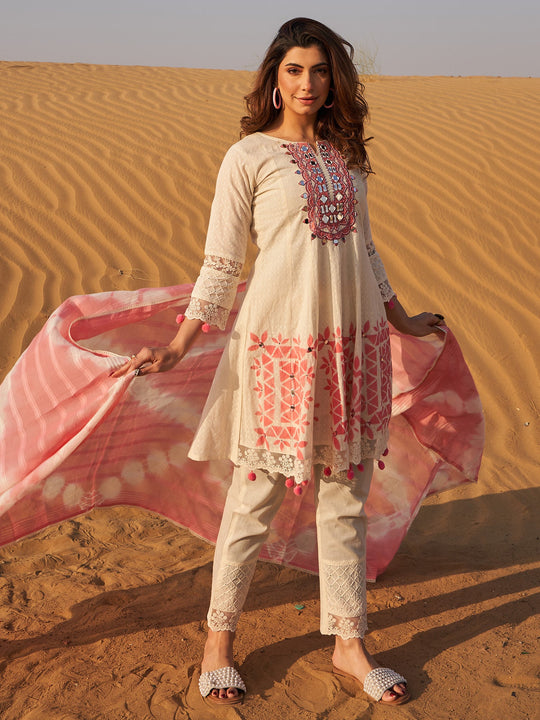 Off White Embroidered A-Line Pure Cotton Kurta Set With Dupatta