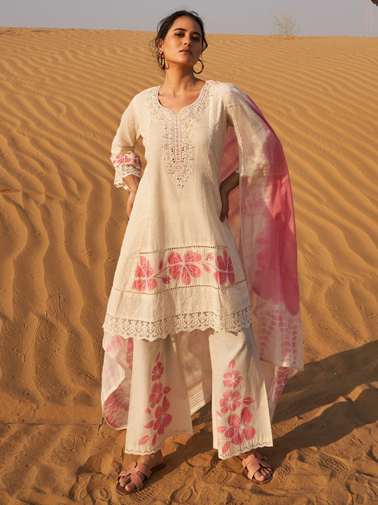 Off White Embroidered A-Line Kurta Palazzo With Dupatta