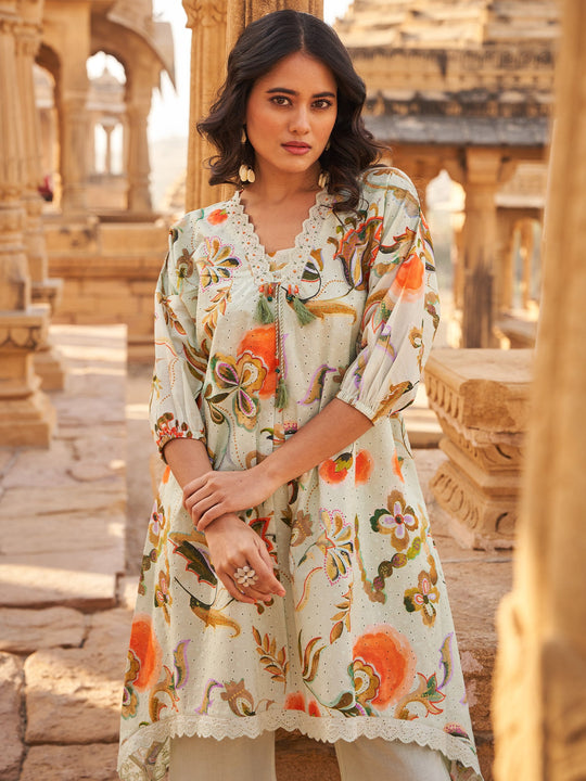 Off White Printed Pure Cotton A-Line Kurta Trouser Set