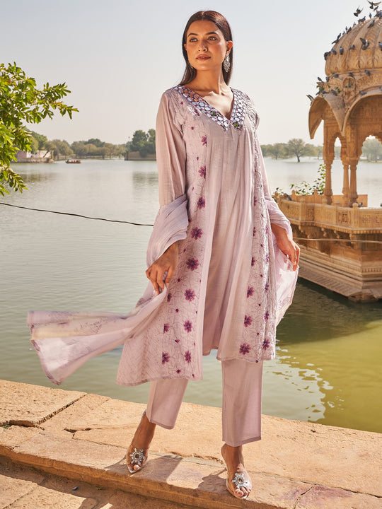 Lavender Embroidered Pure Cotton Anarkali Kurta Set With Dupatta