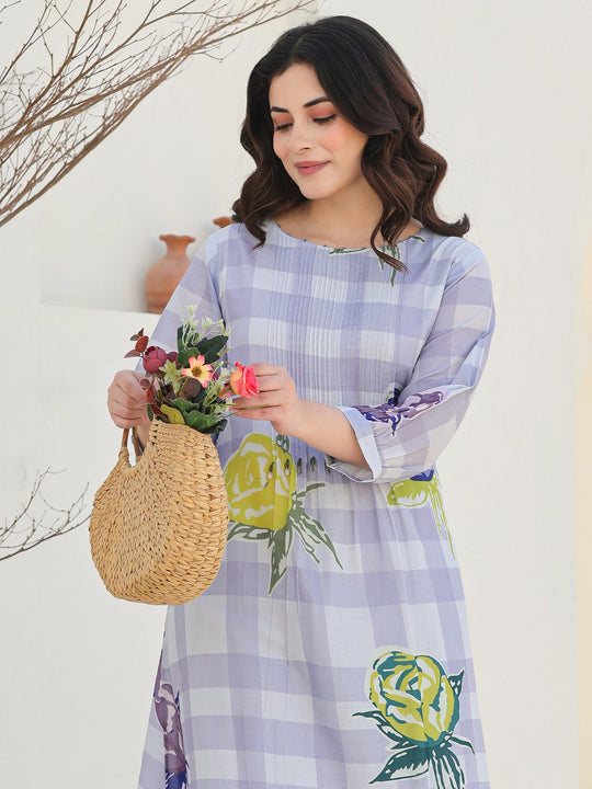 Lavender Printed A-Line Pure Cotton kurta pant set