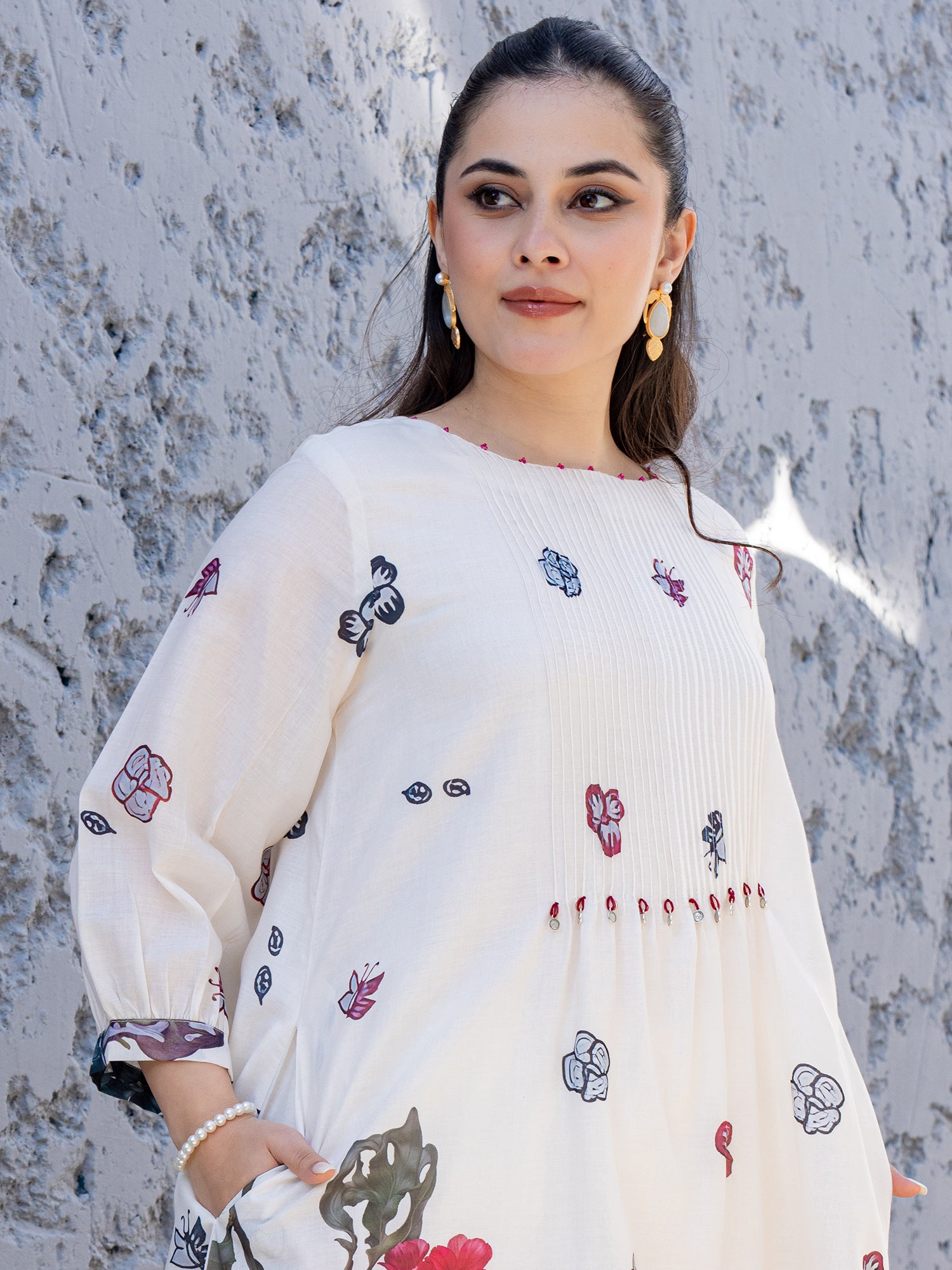 Off White Printed A-Line Pure Cotton kurta pant set