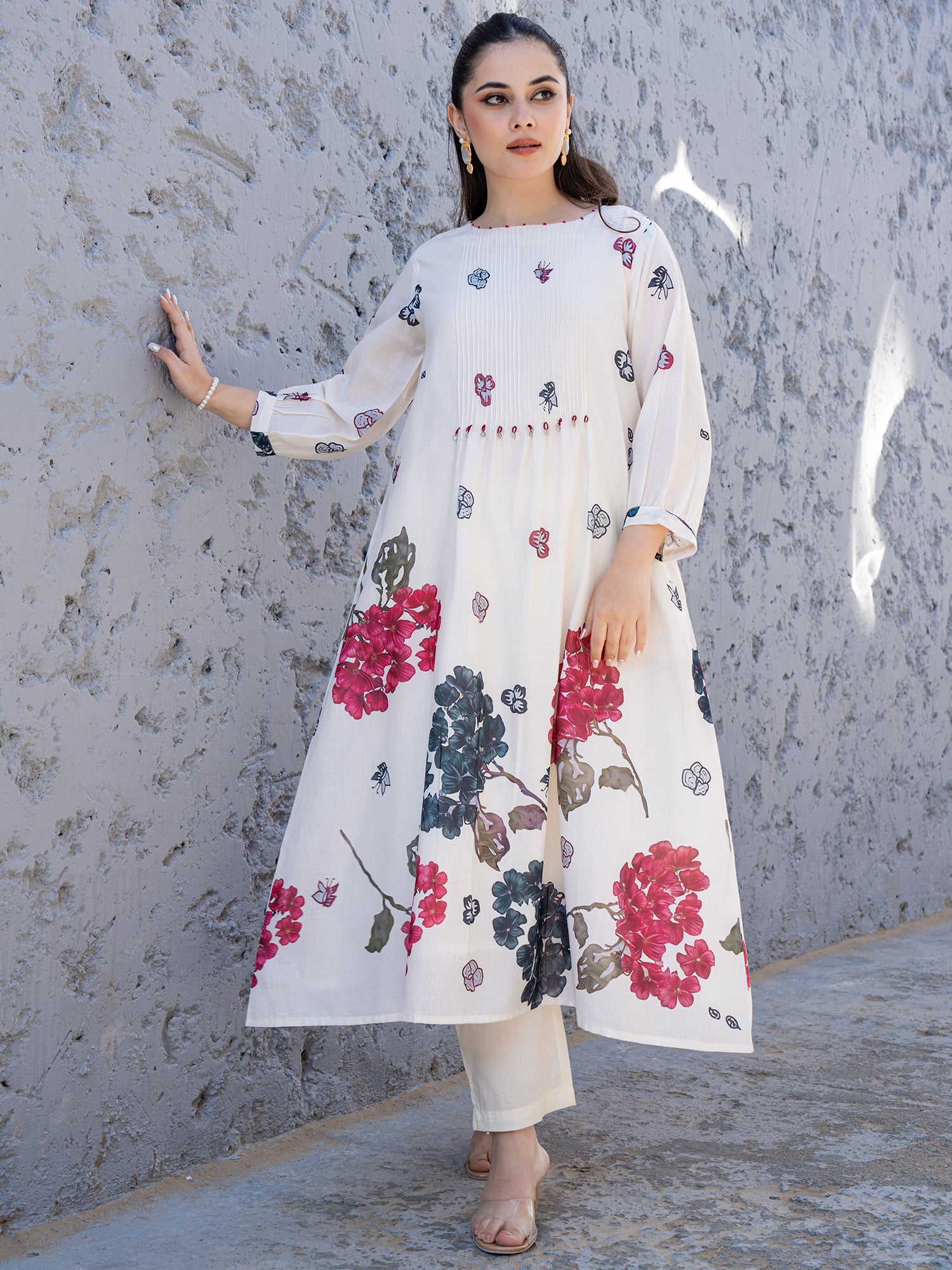 Off White Printed A-Line Pure Cotton kurta pant set