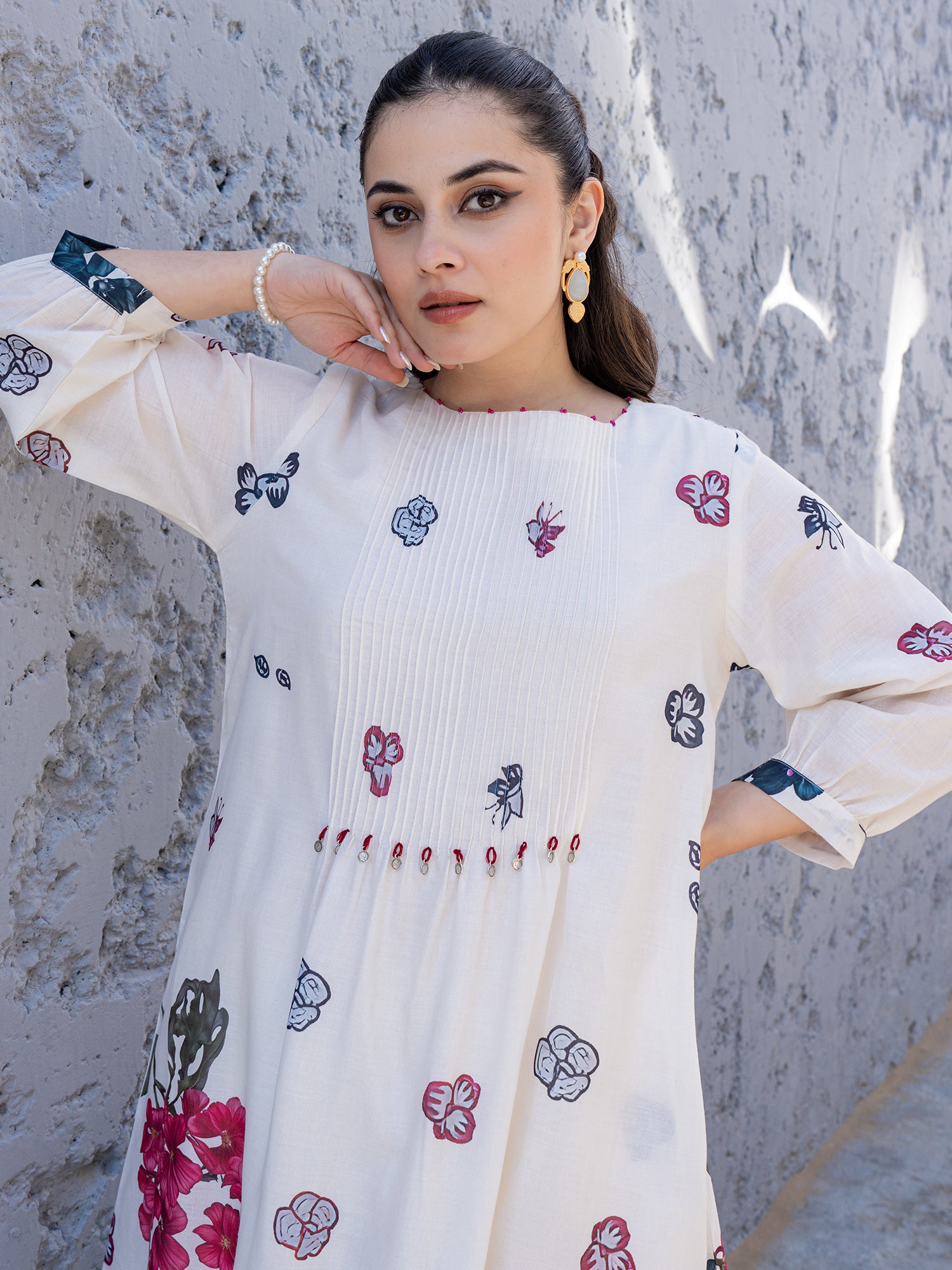 Off White Printed A-Line Pure Cotton kurta pant set