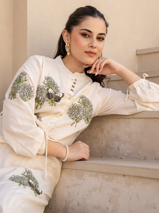 Off White Embroidered Straight Pure Cotton kurta pant set