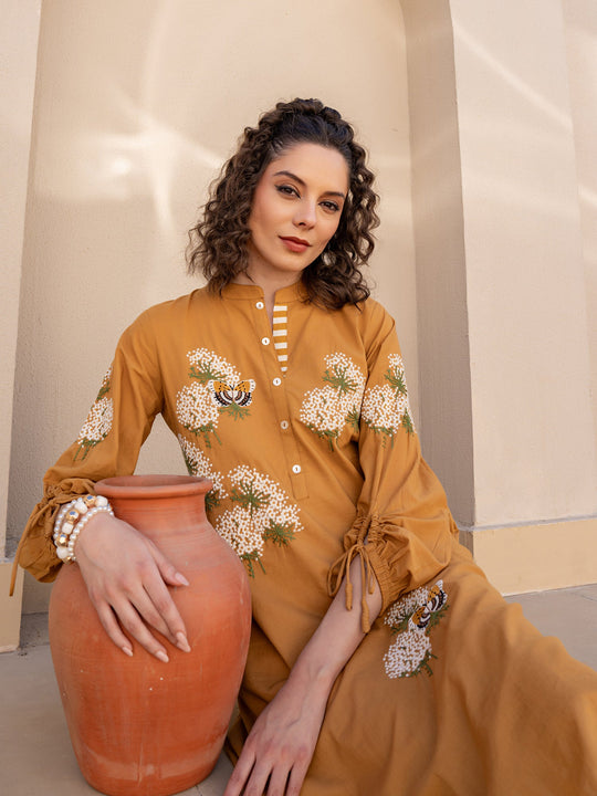 Mustard Embroidered Straight Pure Cotton kurta pant set