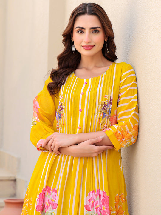 Mustard Printed A-Line Pure Cotton kurta pant set