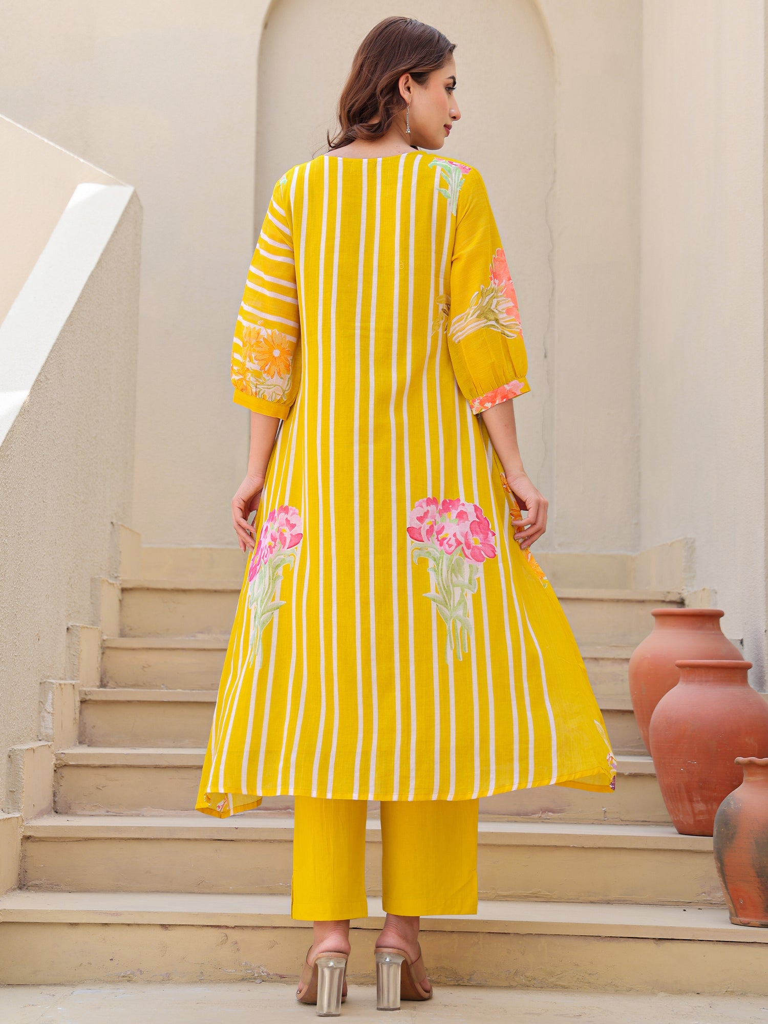 Mustard Printed A-Line Pure Cotton kurta pant set