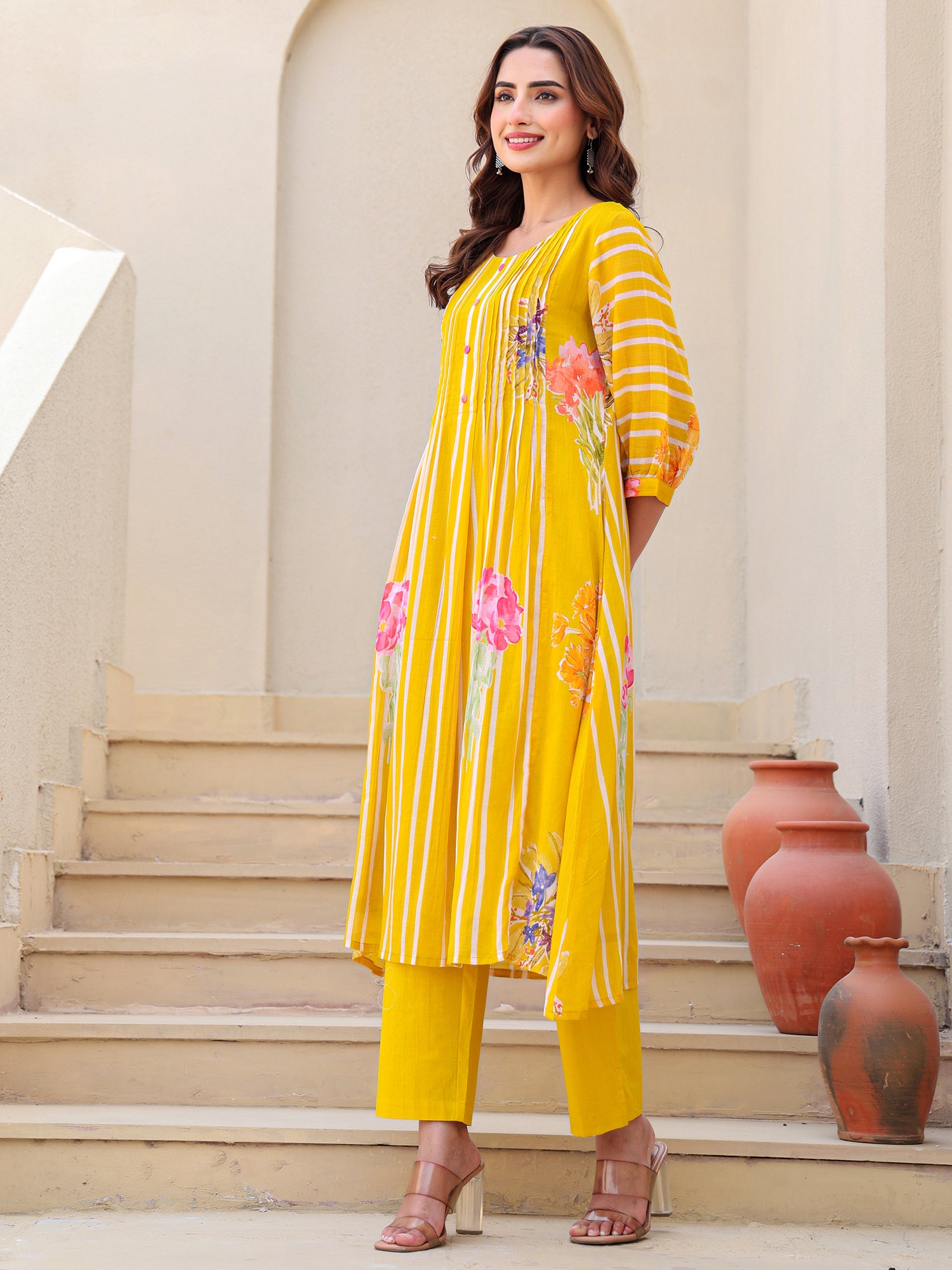 Mustard Printed A-Line Pure Cotton kurta pant set
