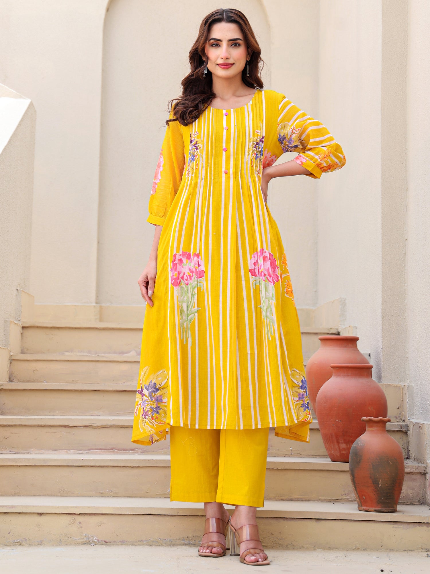 Mustard Printed A-Line Pure Cotton kurta pant set