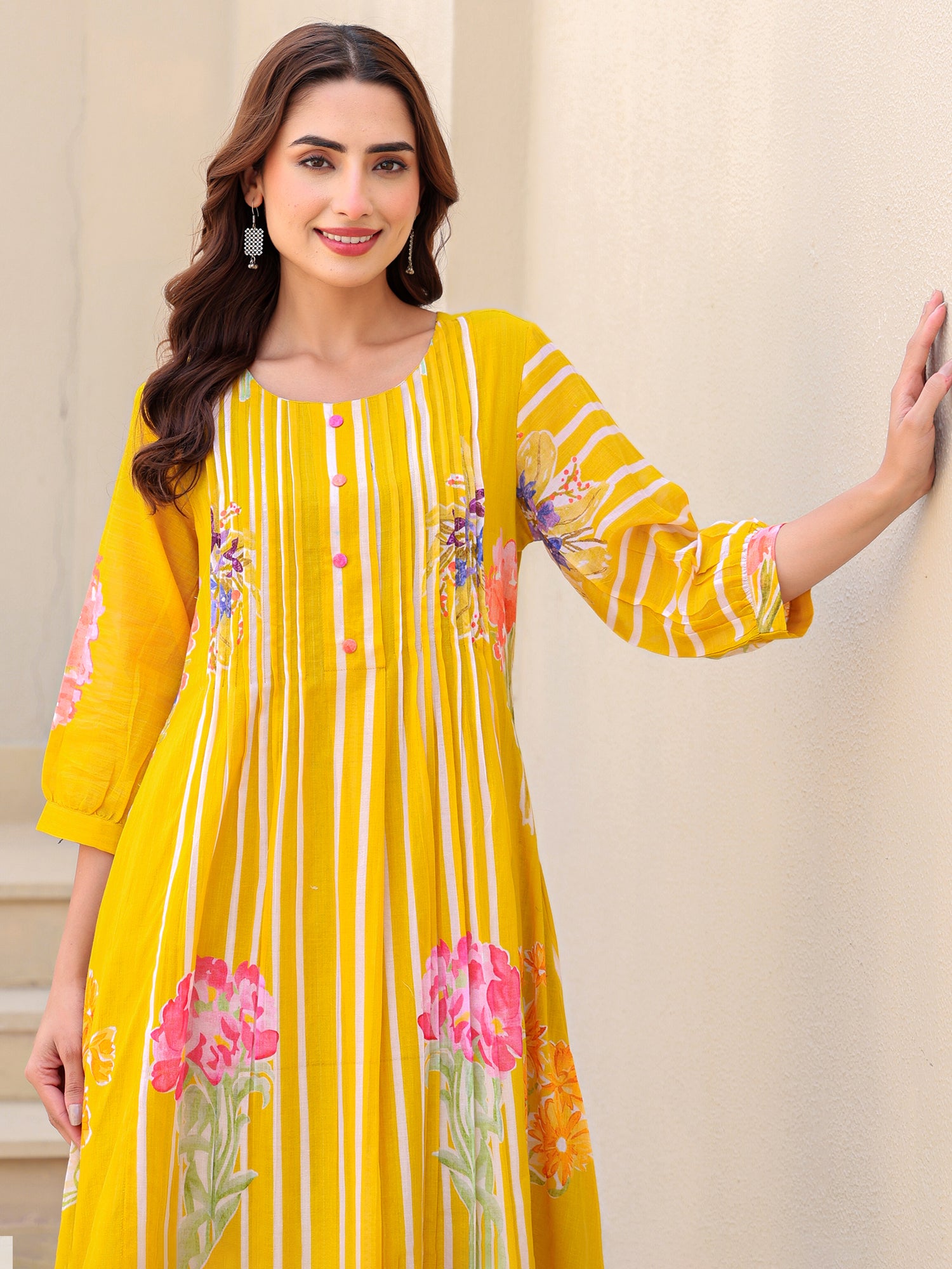 Mustard Printed A-Line Pure Cotton kurta pant set