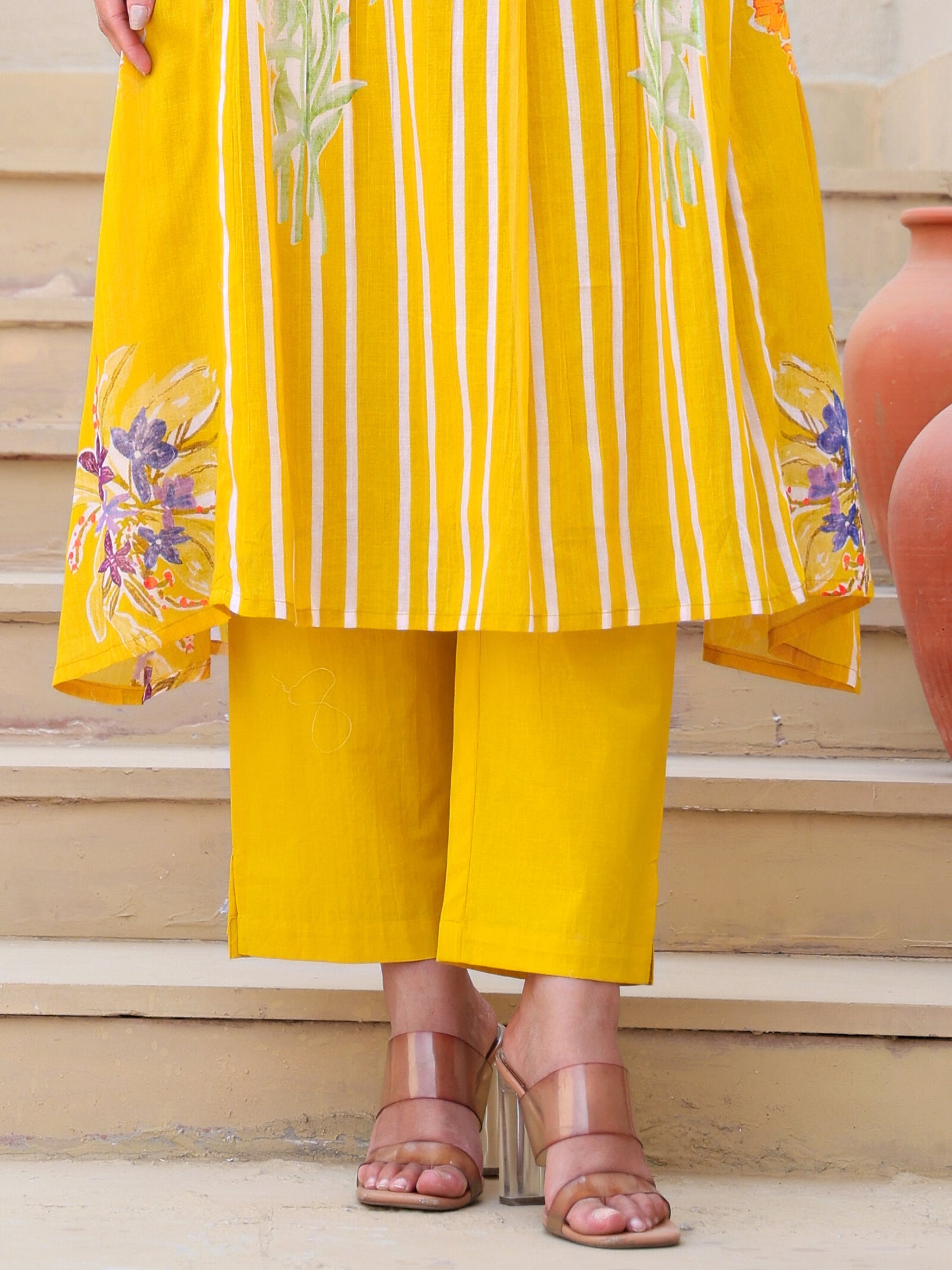 Mustard Printed A-Line Pure Cotton kurta pant set